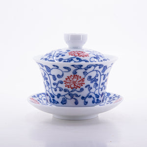 Blue and White Small Red Flower Porcelain Chan Zhi Lian Design Gaiwan #12